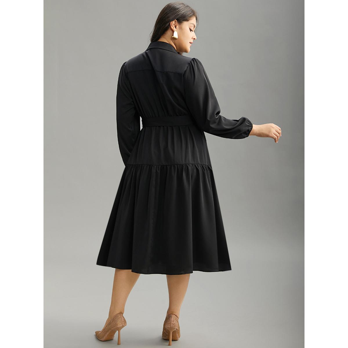 Plus Size Anti-Wrinkle Shirt Collar Belted Metal Detail Dress Black Women Office Plain Shirt collar Long Sleeve Curvy Midi Dress BloomChic 30/6X Product Image
