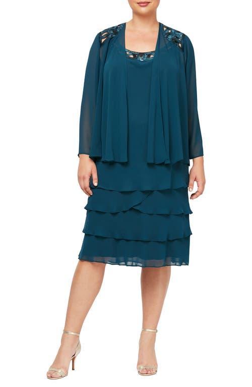 Ignite Evenings Plus Size Scoop Neck Long Sleeve Sequin Trim Tiered 2 Product Image