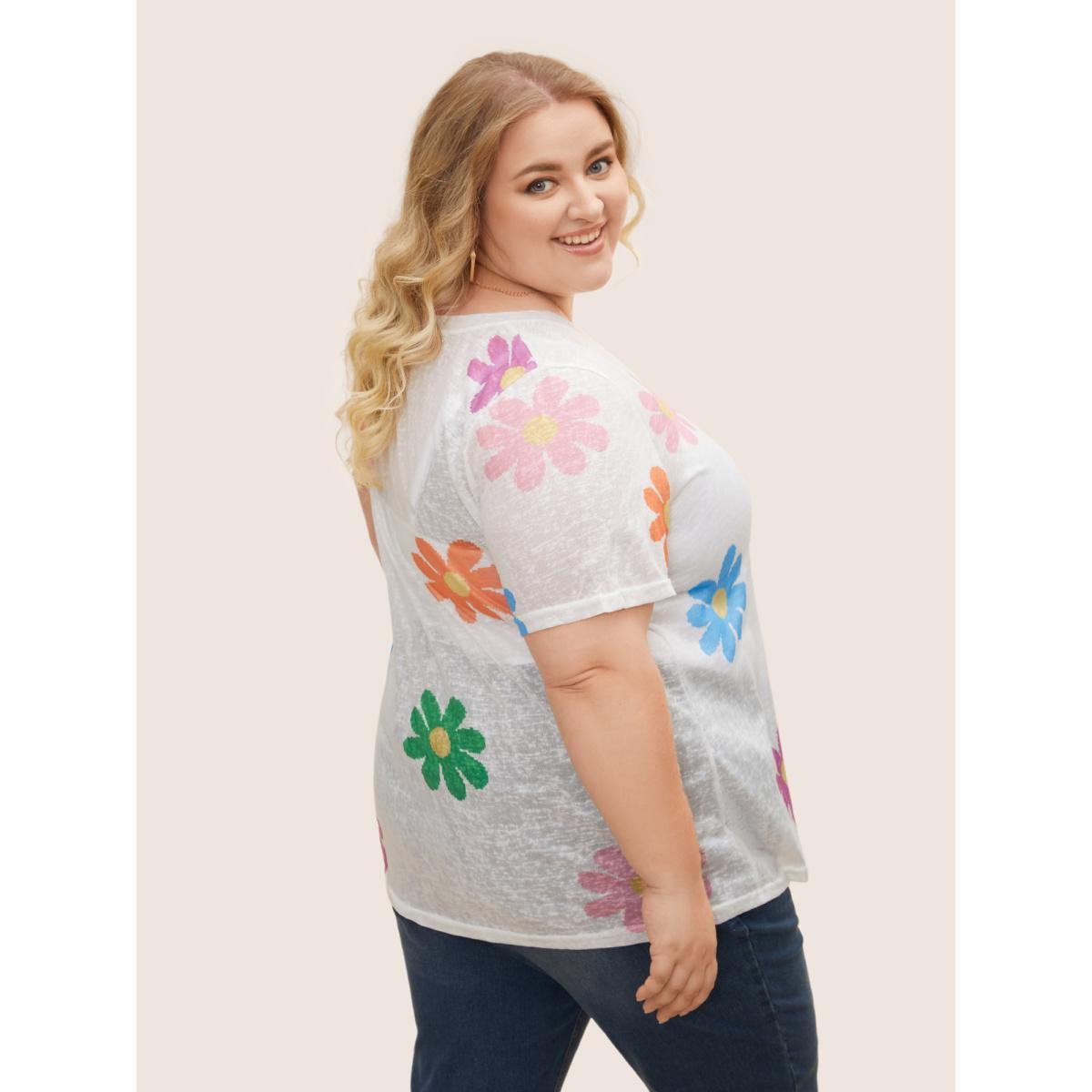 Plus Size Colored Floral V Neck See Through T-Shirt WhiteSmoke Women Casual See through Art&design V-neck Everyday T-shirts BloomChic 10/M Product Image