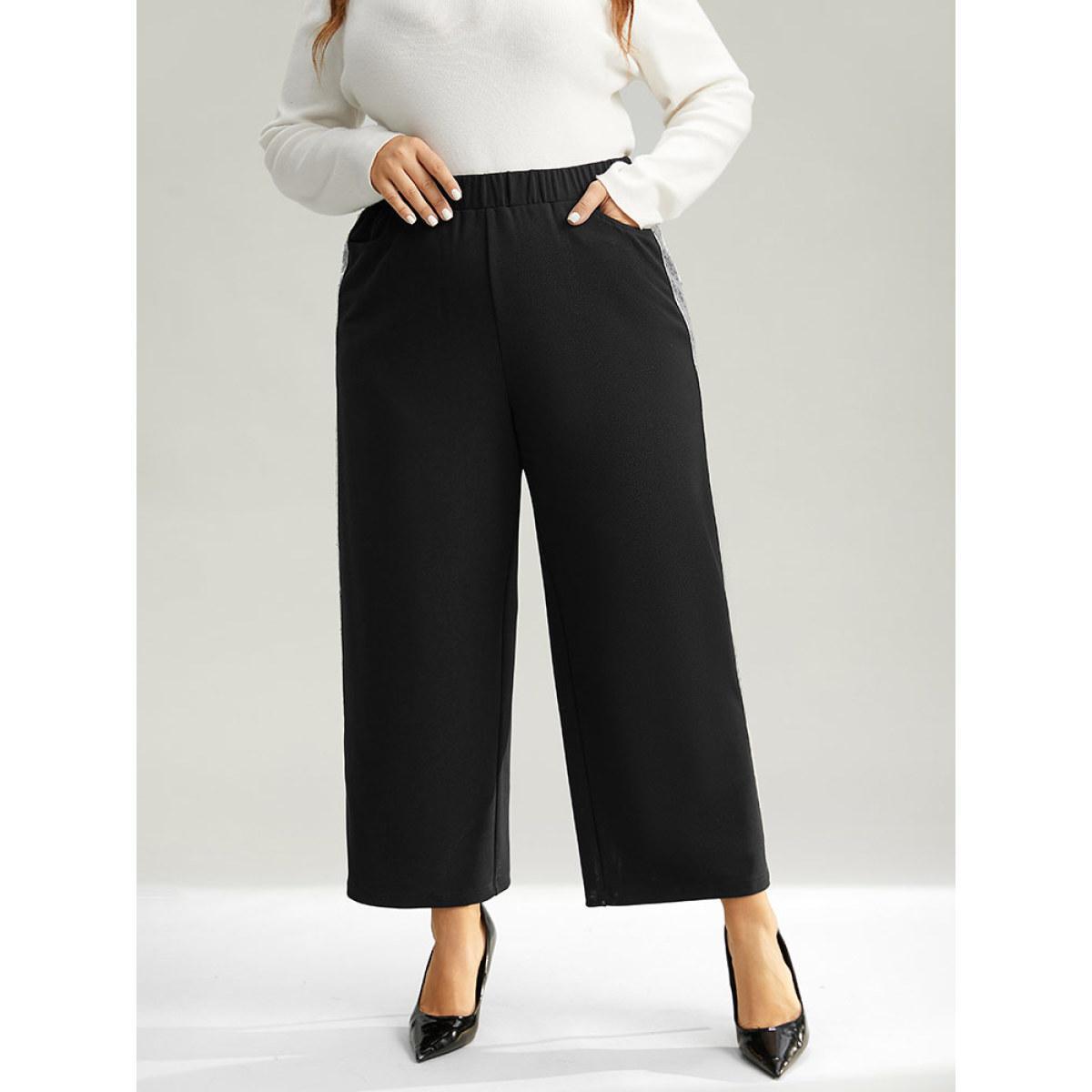 Plus Size Sequin Patchwork Pocket Wide Leg Pants Women Black Glamour Wide Leg High Rise Festival-Christmas Pants BloomChic 22-24/3X Product Image