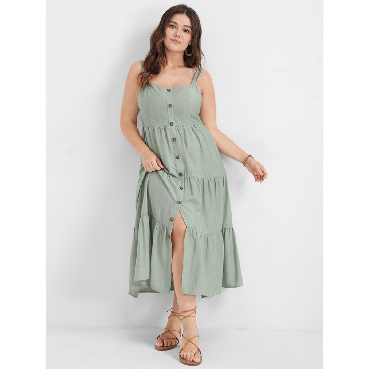 Plus Size Solid Ruffles Button Backless Shirred Tank Dress LightGreen Women Elegant Elastic Waist Spaghetti Strap Sleeveless Curvy Long Dress BloomChic 26/4X Product Image