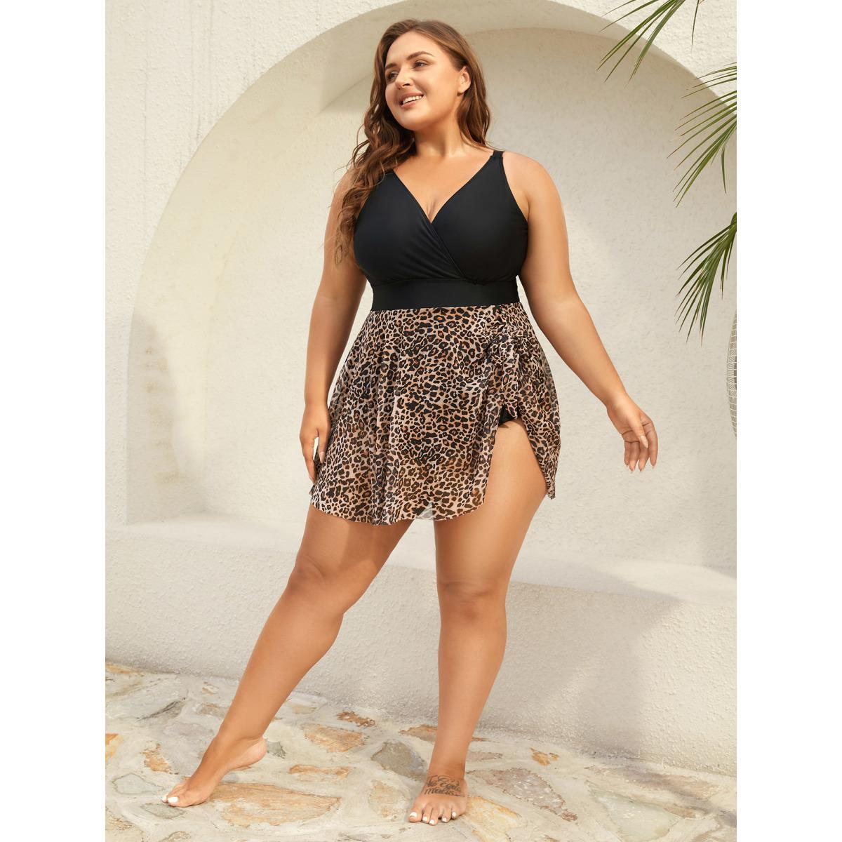 Plus Size Leopard Print Knotted Surplice Swim Dress Women's Swimwear Black Beach Bodycon Overlap Collar High stretch Curve Swim Dresses BloomChic 30/6X Product Image