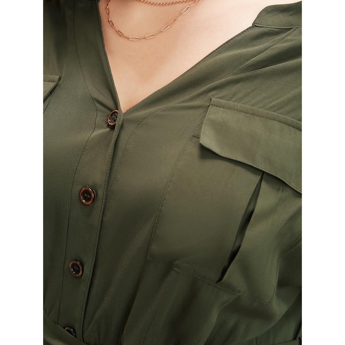 Plus Size ArmyGreen Plain Flap Pocket Belted Button Up Jumpsuit Women Office Short sleeve V-neck Work Loose Jumpsuits BloomChic 28/5X Product Image
