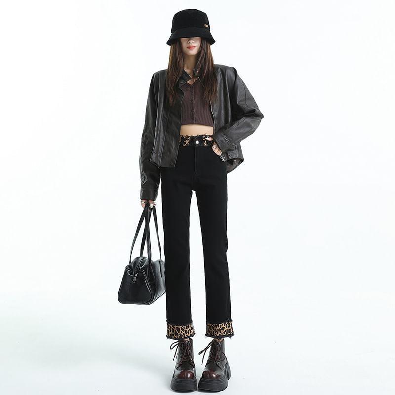 High Rise Leopard Print Fray Panel Cropped Straight Leg Jeans Product Image