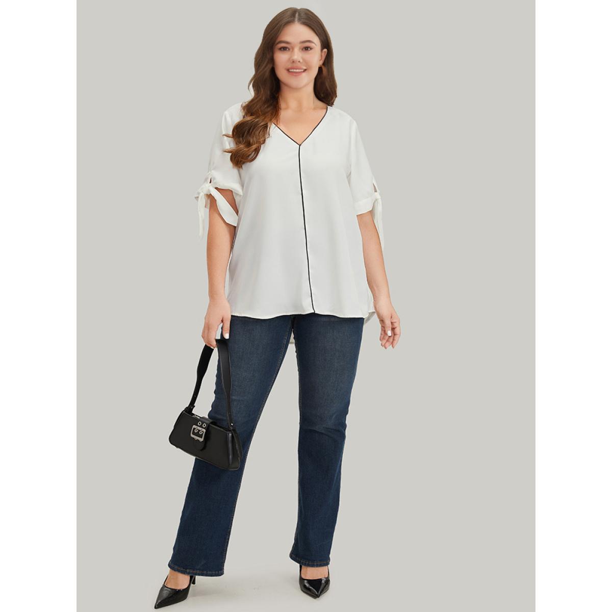 Plus Size Ivory Contrast Trim Knot High Low Hem Blouse Women Office Short sleeve V-neck Work Blouses BloomChic 22-24/3X Product Image