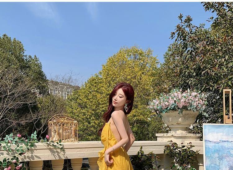 Halter Plain Open Back Asymmetrical Slit Maxi A-Line Sundress (Various Designs) Product Image
