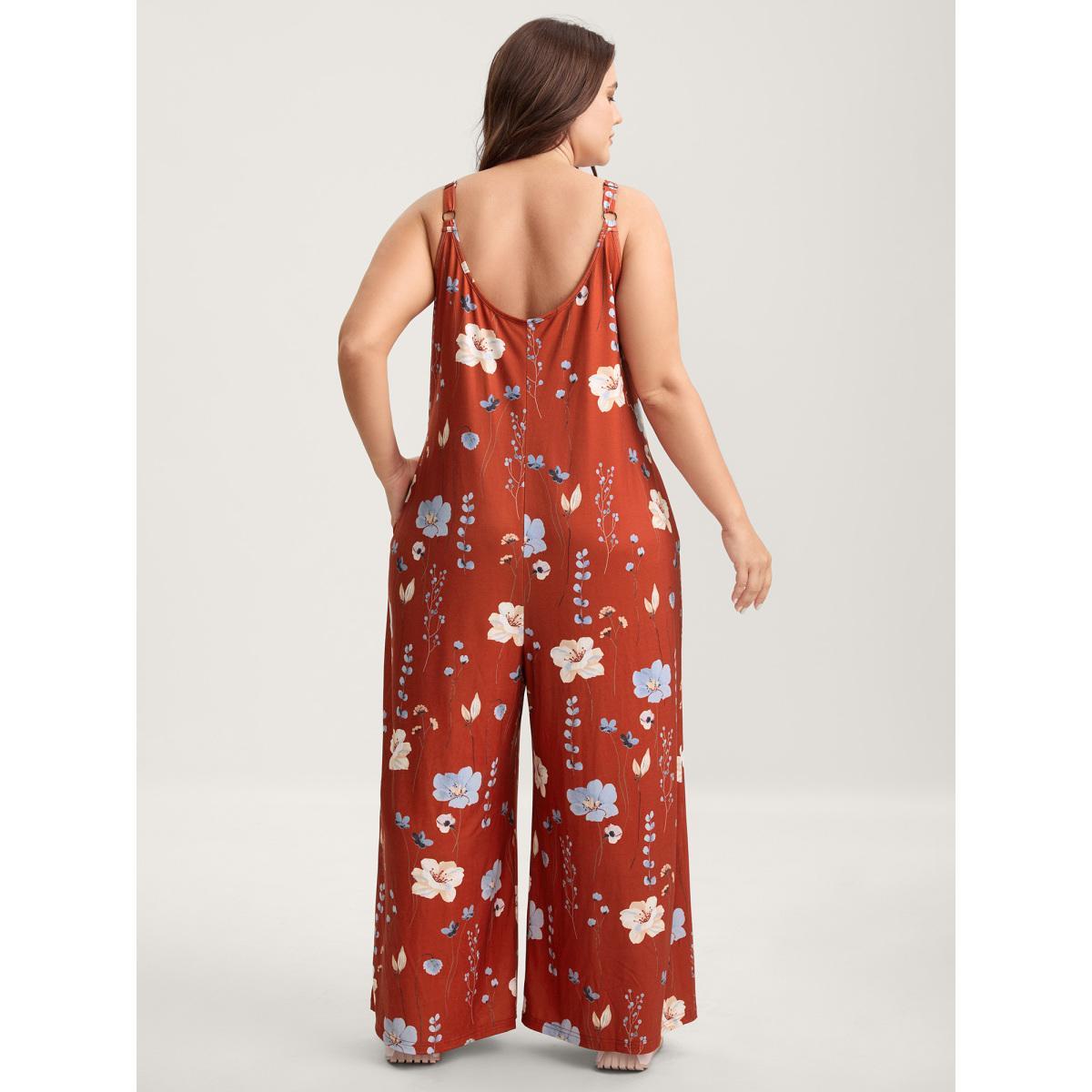 Plus Size Rust Stretchy Lined Floral Print Cami Jumpsuit Women Sleeveless V-neck Everyday-Casual Loose Jumpsuits BloomChic 30/6X Product Image