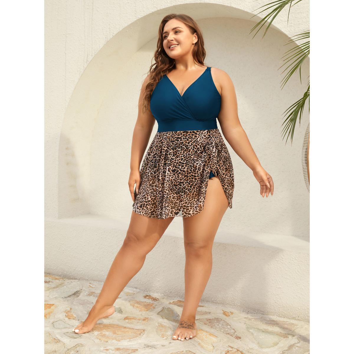 Plus Size Leopard Print Knotted Surplice Swim Dress Women's Swimwear DarkBlue Beach Bodycon Overlap Collar High stretch Curve Swim Dresses BloomChic 10/M Product Image