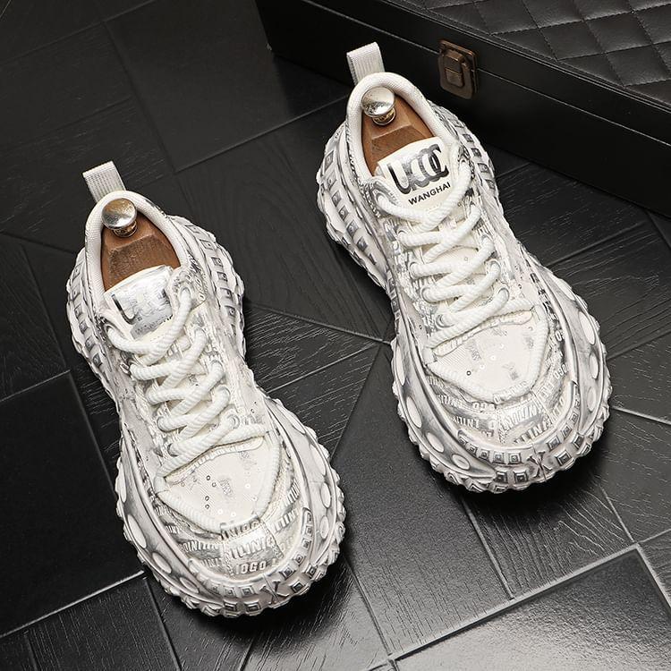 Platform Sequin Distressed Lace-Up Sneakers Product Image