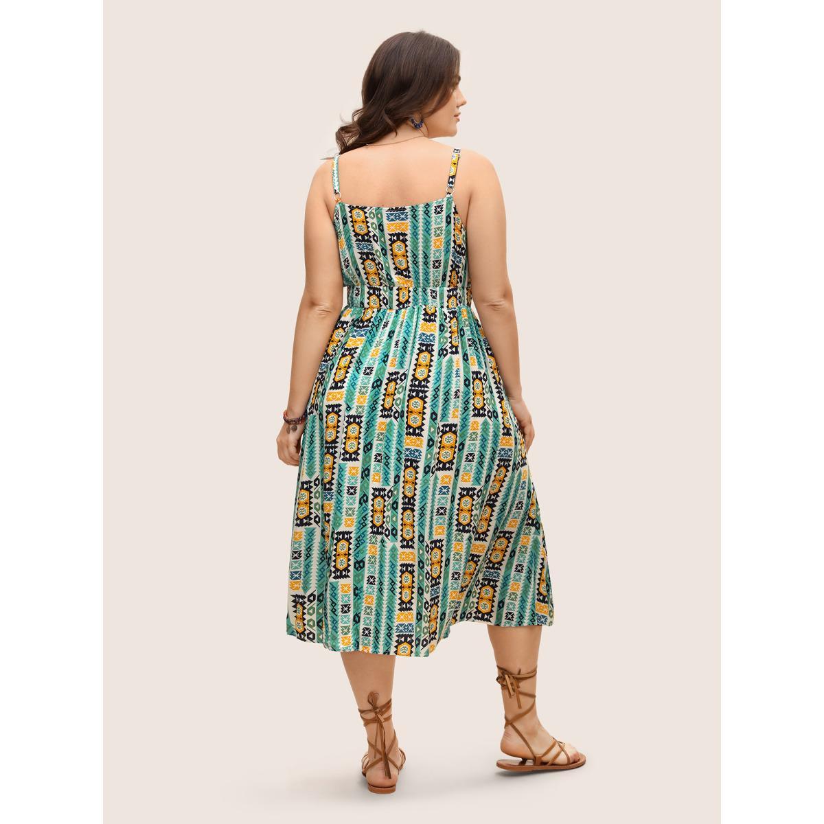 Plus Size Geometric Bandana Print Tie Knot Midi Dress Emerald Women Resort Tie knot Non Sleeveless Curvy BloomChic 26/4X Product Image