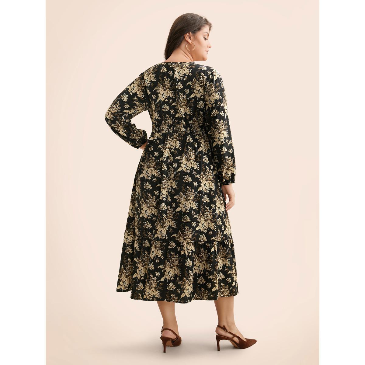 Plus Size Floral Overlap Collar Shirred Midi Dress BlackFlower Women Elegant Shirred Overlap Collar Long Sleeve Curvy BloomChic 26/4X Product Image