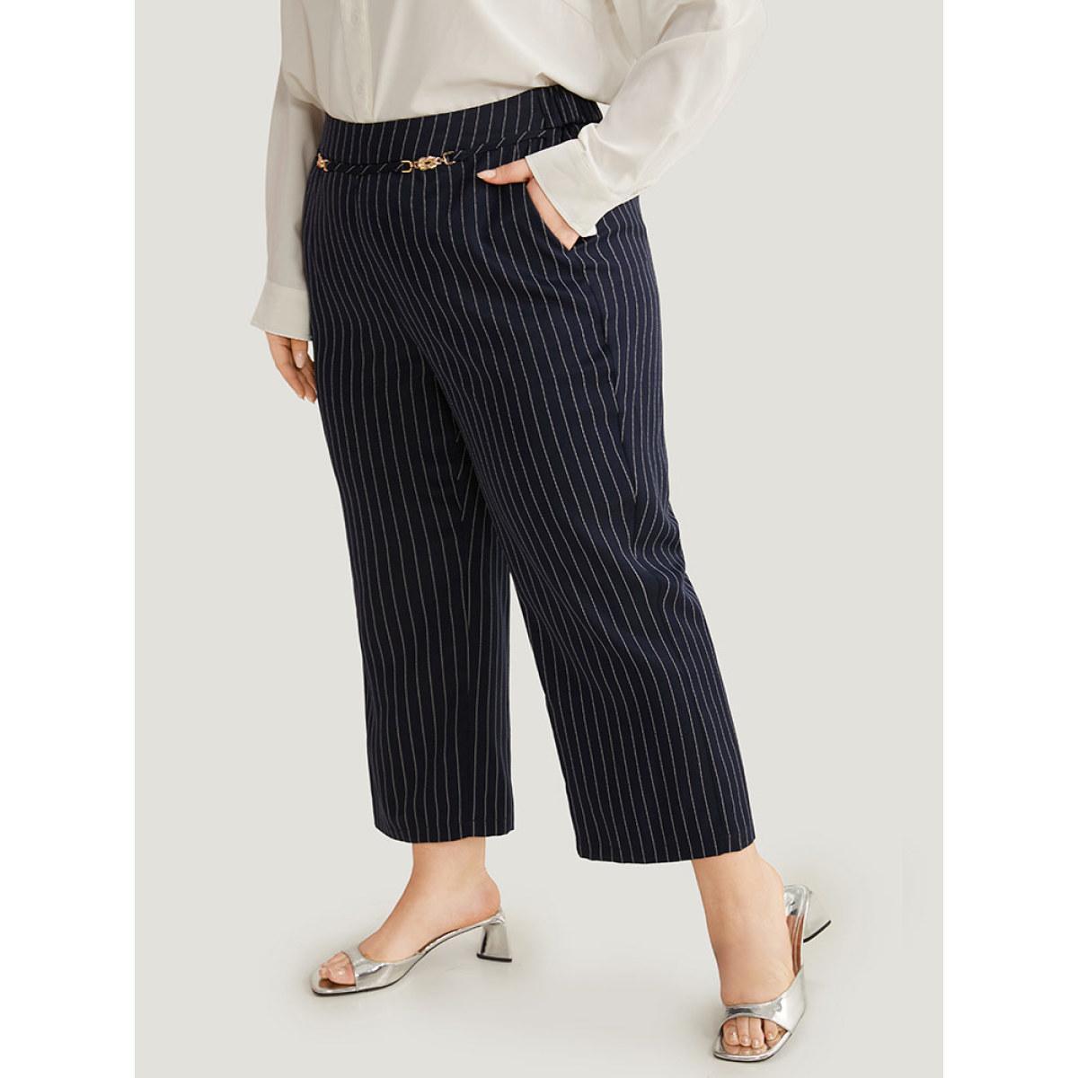 Plus Size Striped Mid Rise Buckle Detail Pants Women DarkBlue Office Straight Leg Mid Rise Work Pants BloomChic 22-24/3X Product Image
