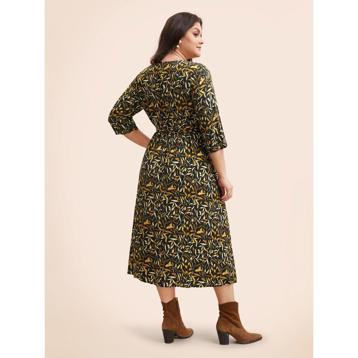 Plus Size Plants Print Overlap Collar Midi Dress Black Women Elegant Belted Overlap Collar Elbow-length sleeve Curvy BloomChic 14-16/1X Product Image