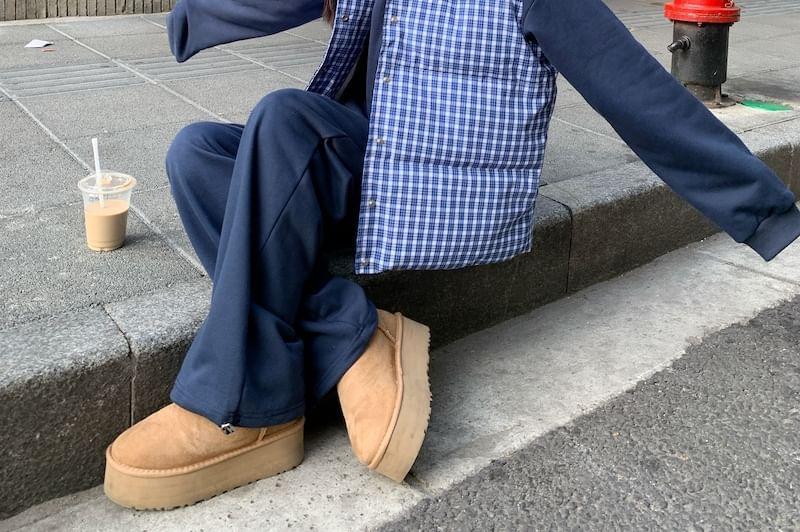 Collar Plaid Padded Button Vest / Plain Hoodie / Loose Fit Sweatpants Product Image