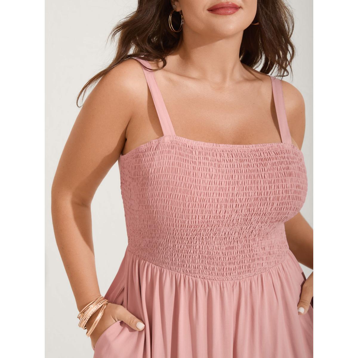 Plus Size Rayon Shirred Bodice Solid Midi Dress Crepe Women Square Neck Sleeveless Curvy BloomChic 18-20/2X Product Image