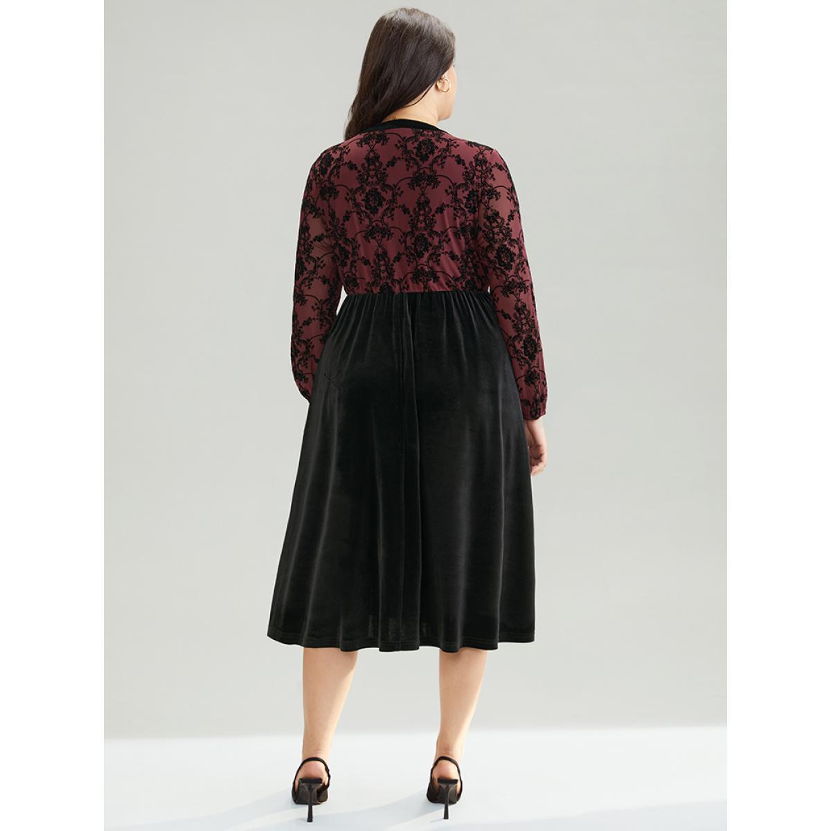 Plus Size Silhouette Floral Print Patchwork Flocking Notched Dress Russet Women Office Velvet Notched collar Long Sleeve Curvy Midi Dress BloomChic 30/6X Product Image