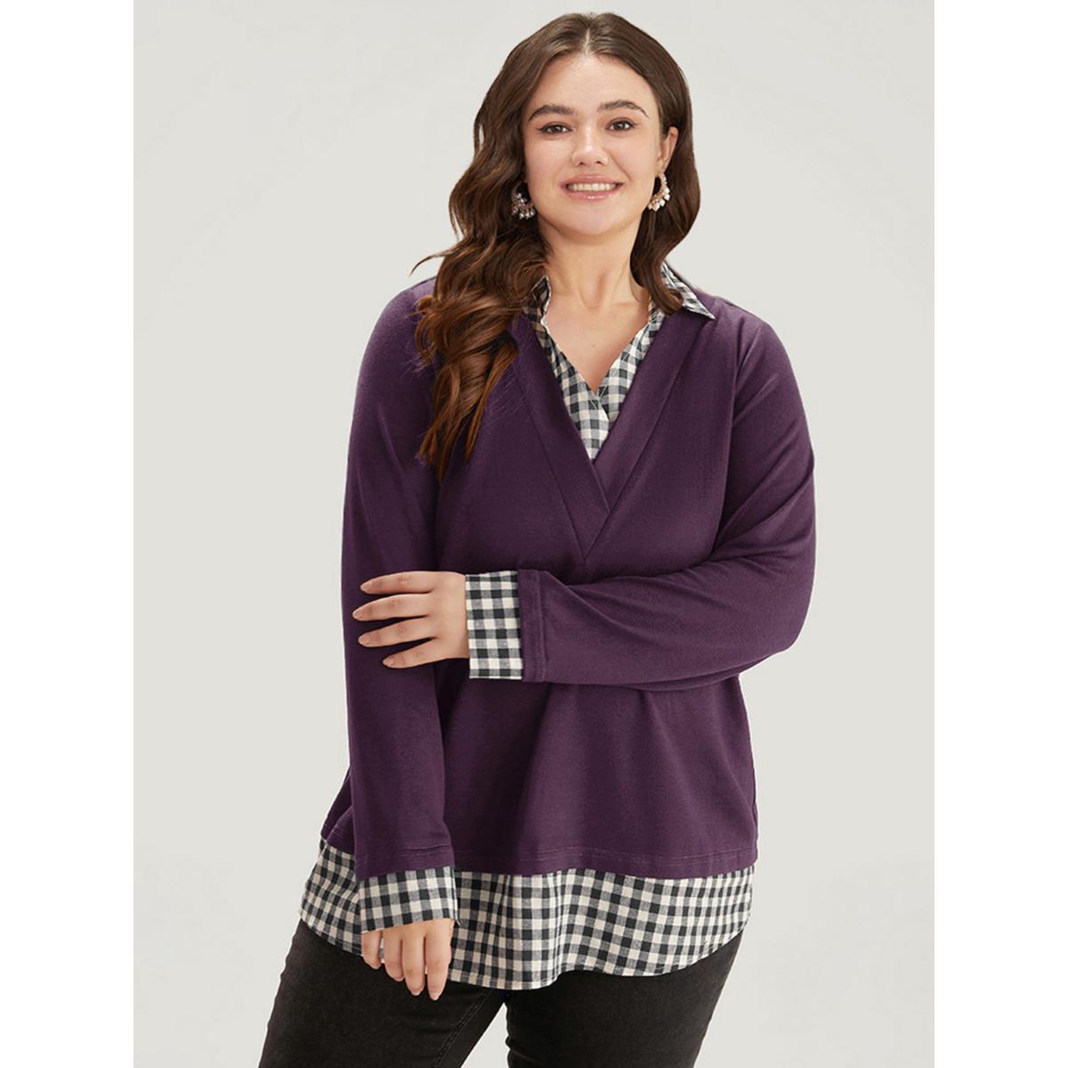 Plus Size Gingham Patchwork Shirt Collar Arc Hem Sweatshirt Women Purple Casual Patchwork V-neck Everyday Sweatshirts BloomChic 10/M Product Image