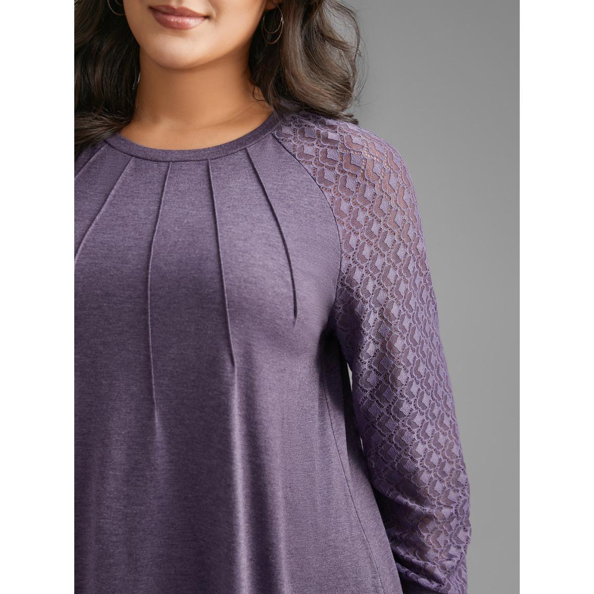 Plus Size Lace Patchwork Pleated Raglan Sleeve T-shirt Eggplant Women Casual Pleated Round Neck Everyday T-shirts BloomChic 18-20/2X Product Image