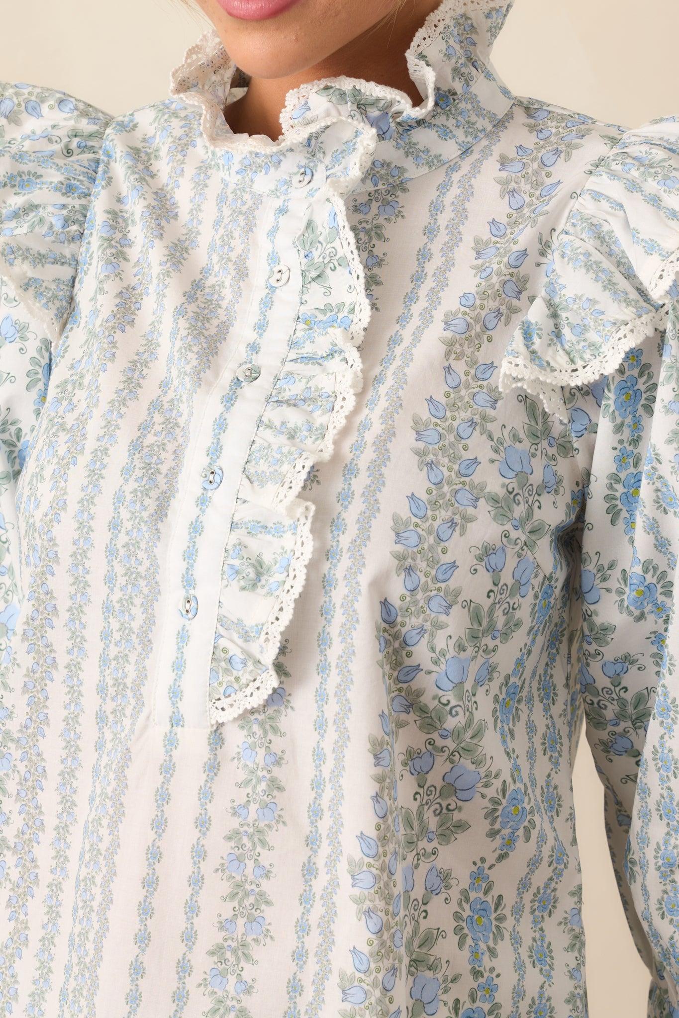 Hummingbird’s Haven Cotton Blue Flutter Sleeve Blouse Product Image