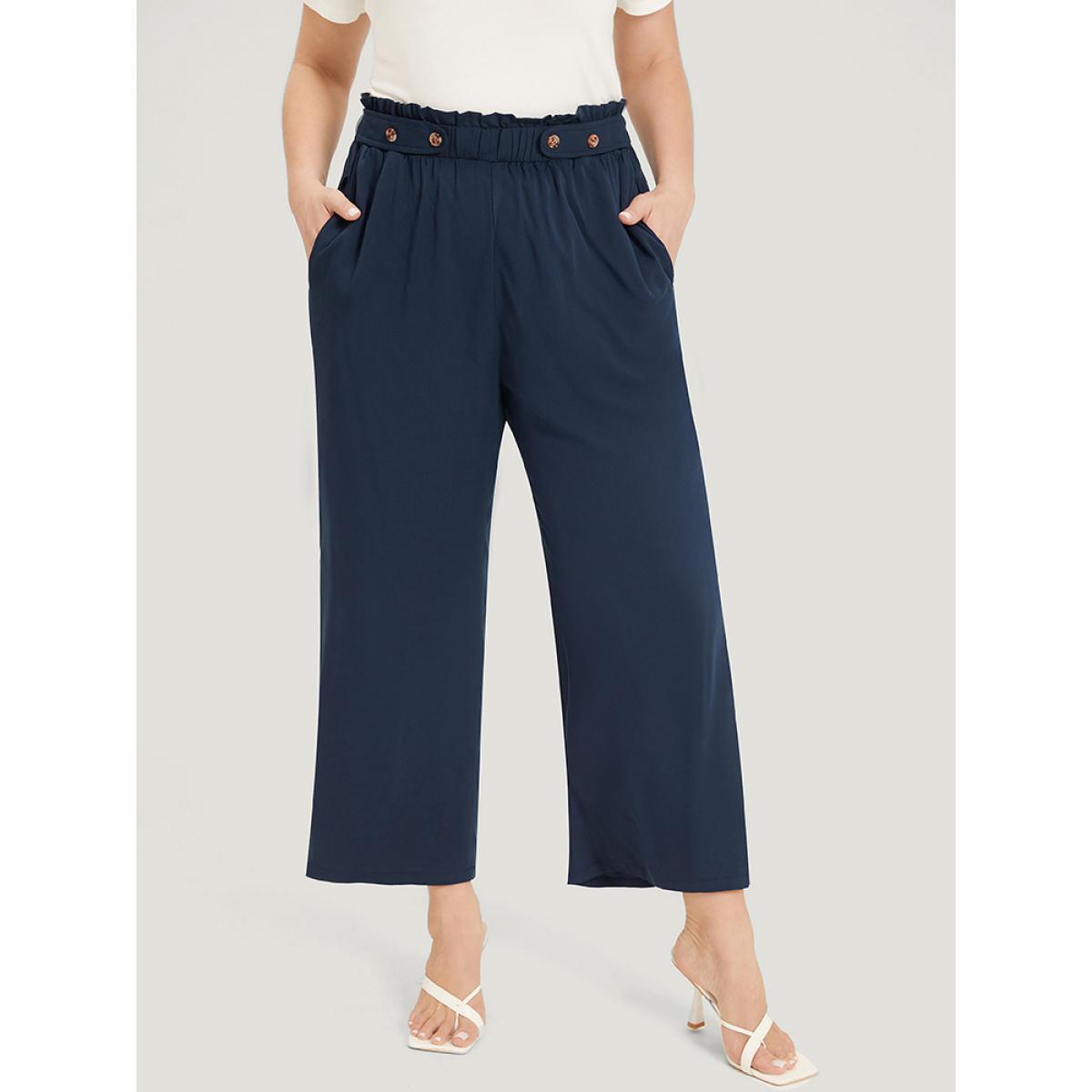Plus Size Plain Pocket Paperbag Waist Button Detail Pants Women Indigo Elegant Straight Leg High Rise Dailywear Pants BloomChic 22-24/3X Product Image