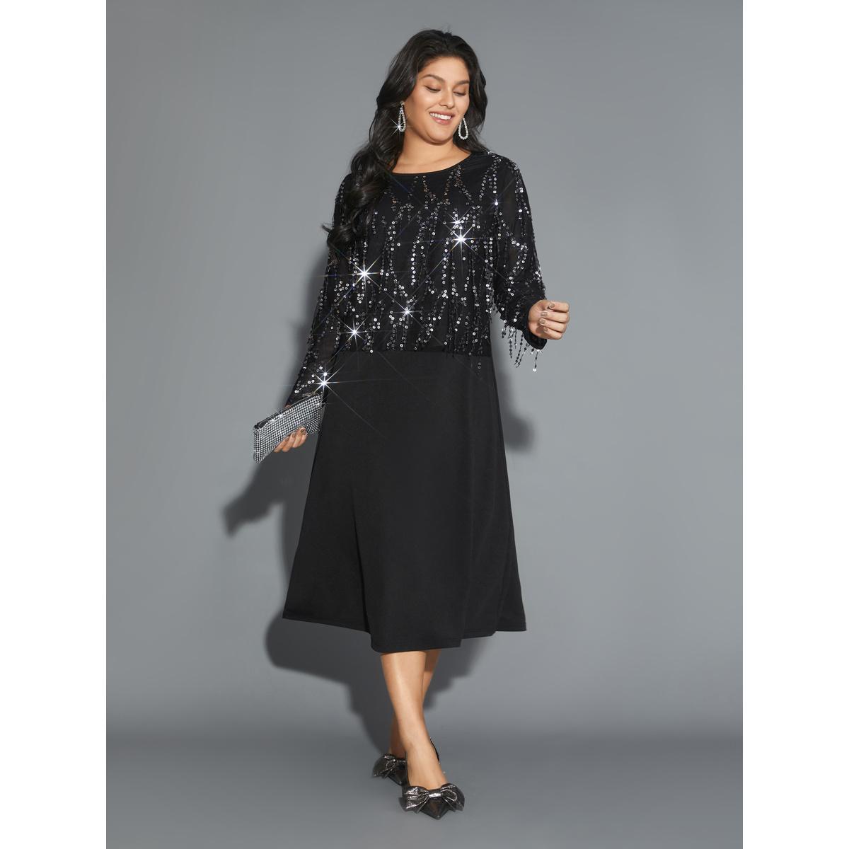 Plus Size Sequin Patchwork Mesh Split Hem Dress Black Women Cocktail Texture Round Neck Long Sleeve Curvy BloomChic 22-24/3X Product Image