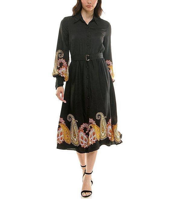 Moda Tara Paisley Satin Button Front Long Sleeve Midi Dress Product Image