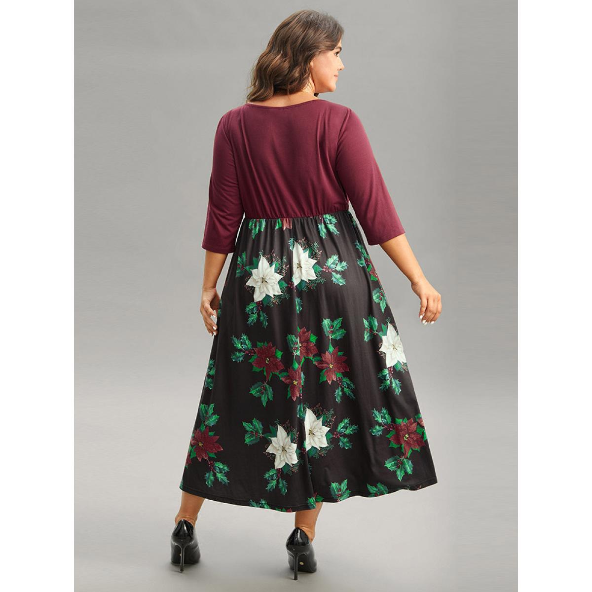 Plus Size Floral Patchwork Elastic Waist Ruched Dress Scarlet Women Office Gathered Square Neck Long Sleeve Curvy Midi Dress BloomChic 18-20/2X Product Image