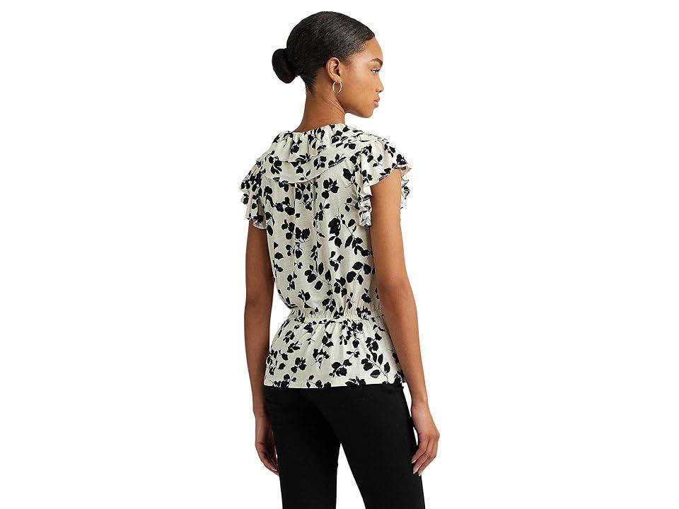 Lauren Ralph Lauren Leaf-Print Ruffle-Trim Jersey Peplum Top (Cream/Black) Women's Sweater Product Image