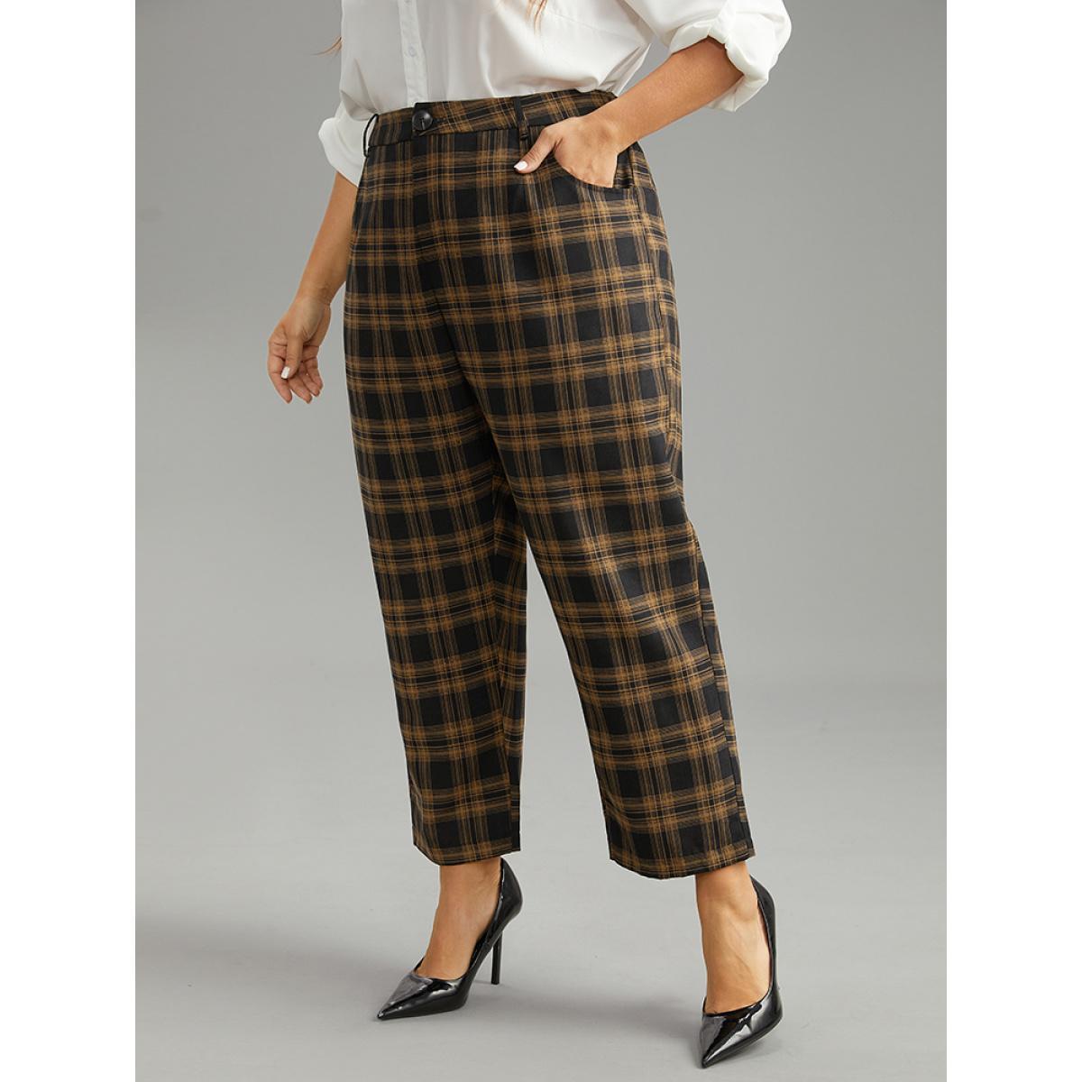 Plus Size Plaid High Rise Pocket Elastic Waist Pants Women Black Office Straight Leg High Rise Work Pants BloomChic 30/6X Product Image
