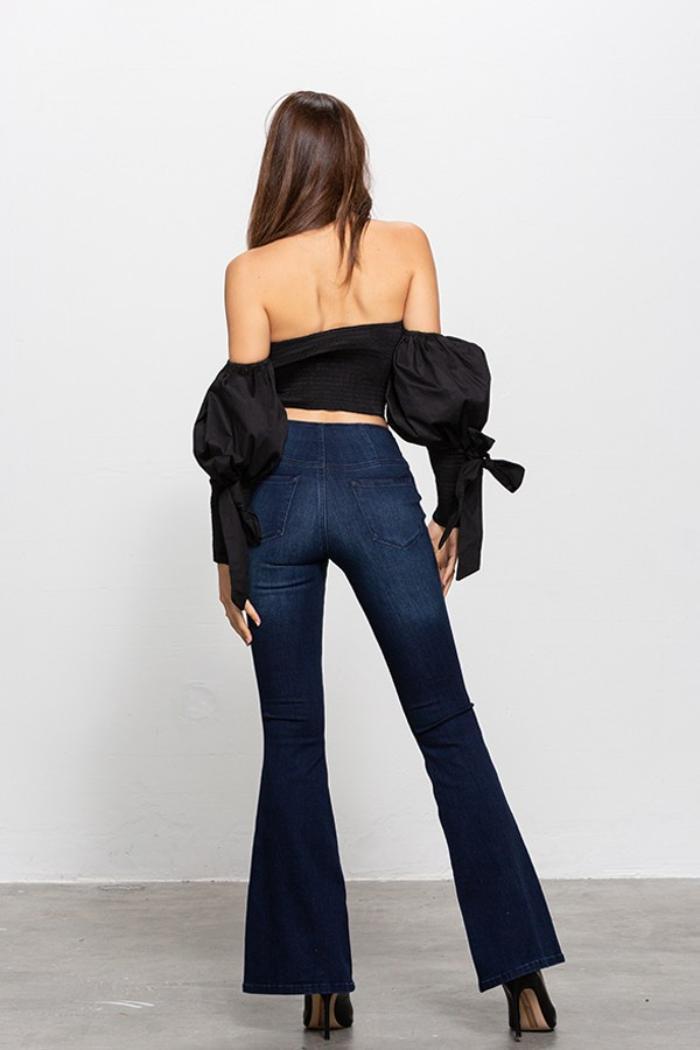 Mid Rise Banded Wide Flare Jeans Product Image