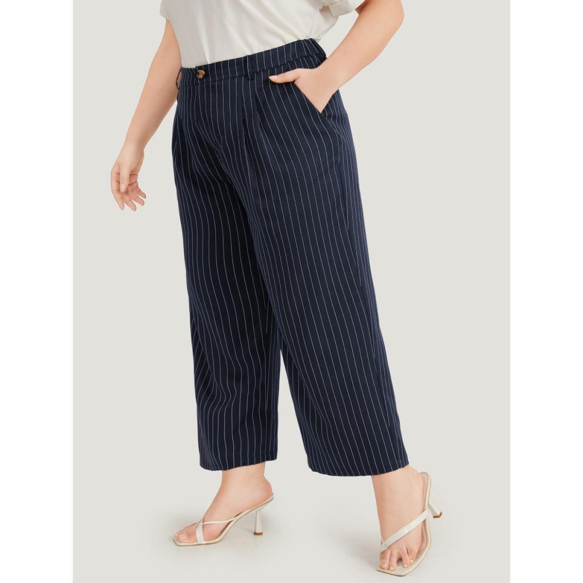 Plus Size Striped Pocket Loose Pleated Button Fly Pants Women Indigo At the Office Straight Leg High Rise Work Pants BloomChic 14-16/1X Product Image