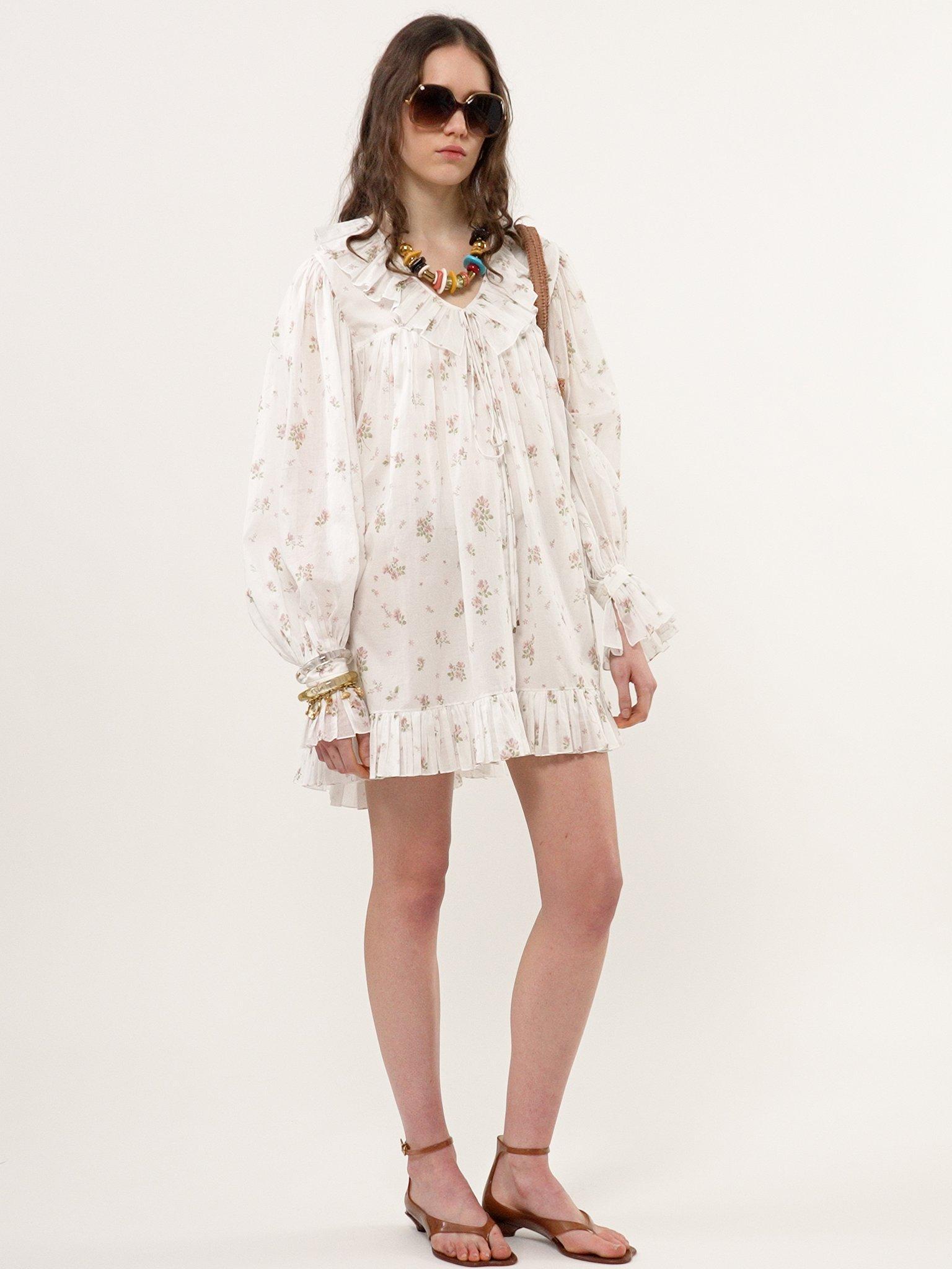 Gathered long-sleeve mini dress in cotton voile Product Image