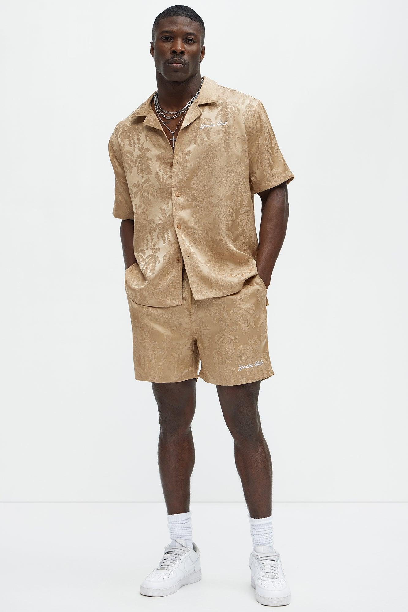 Palm Trees Jacquard Short Sleeve Button Up Shirt - Brown Product Image