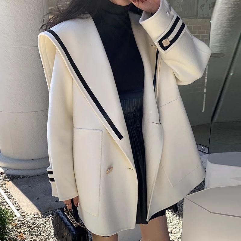 Sailor Collar Striped Double Breasted Coat Product Image