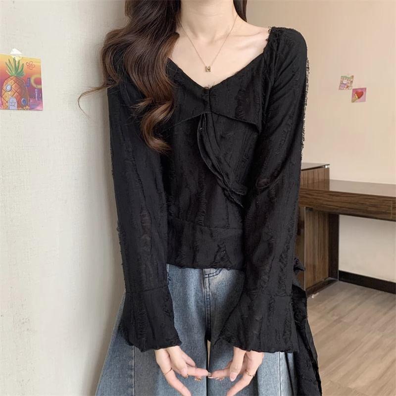 Long-Sleeve Plain Asymmetrical Ruffle Trim Distressed Slim Fit T-Shirt Product Image
