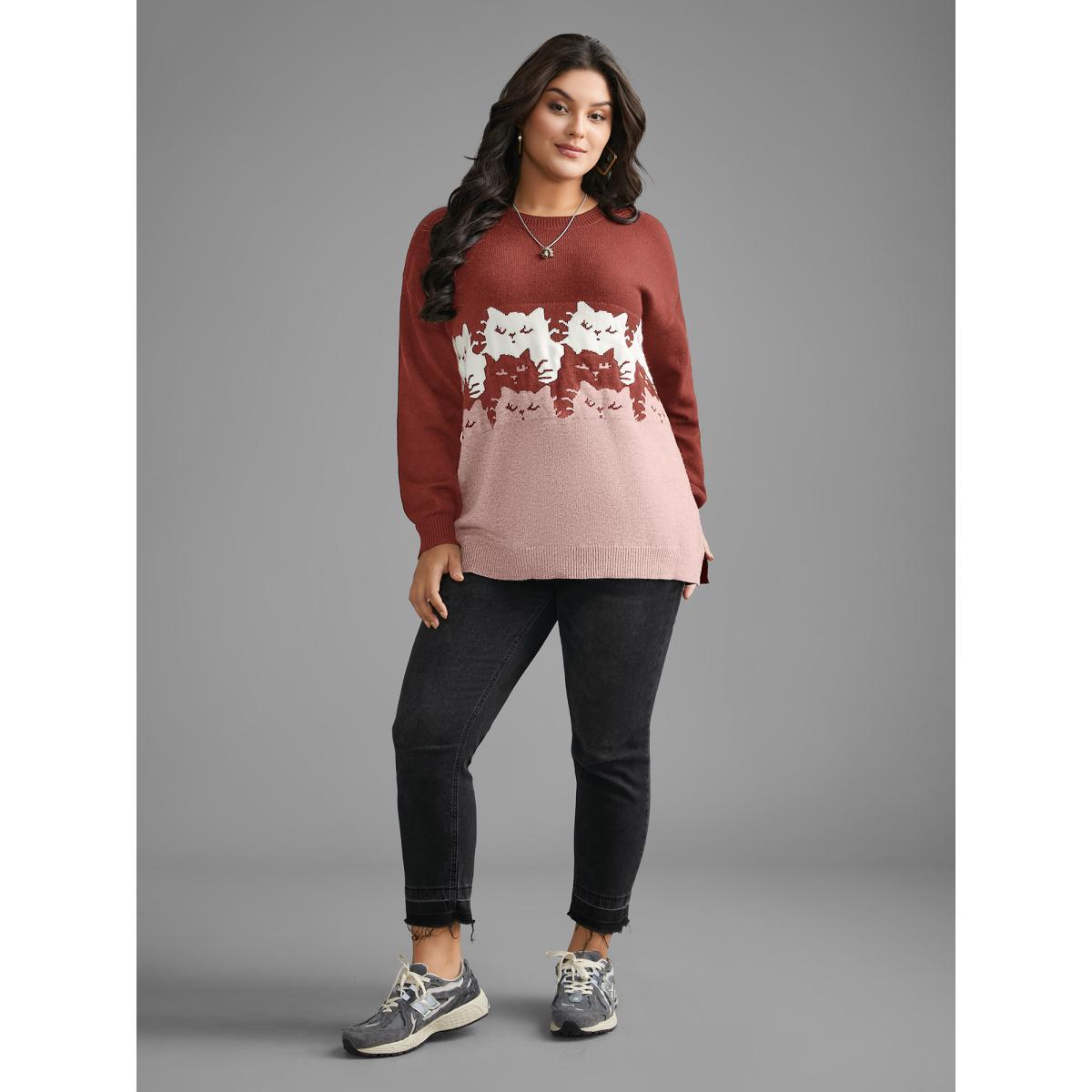 Plus Size Cat Contrast Drop Shoulder Pullover Rust Women Casual Loose Long Sleeve Round Neck Everyday Pullovers BloomChic 18-20/2X Product Image