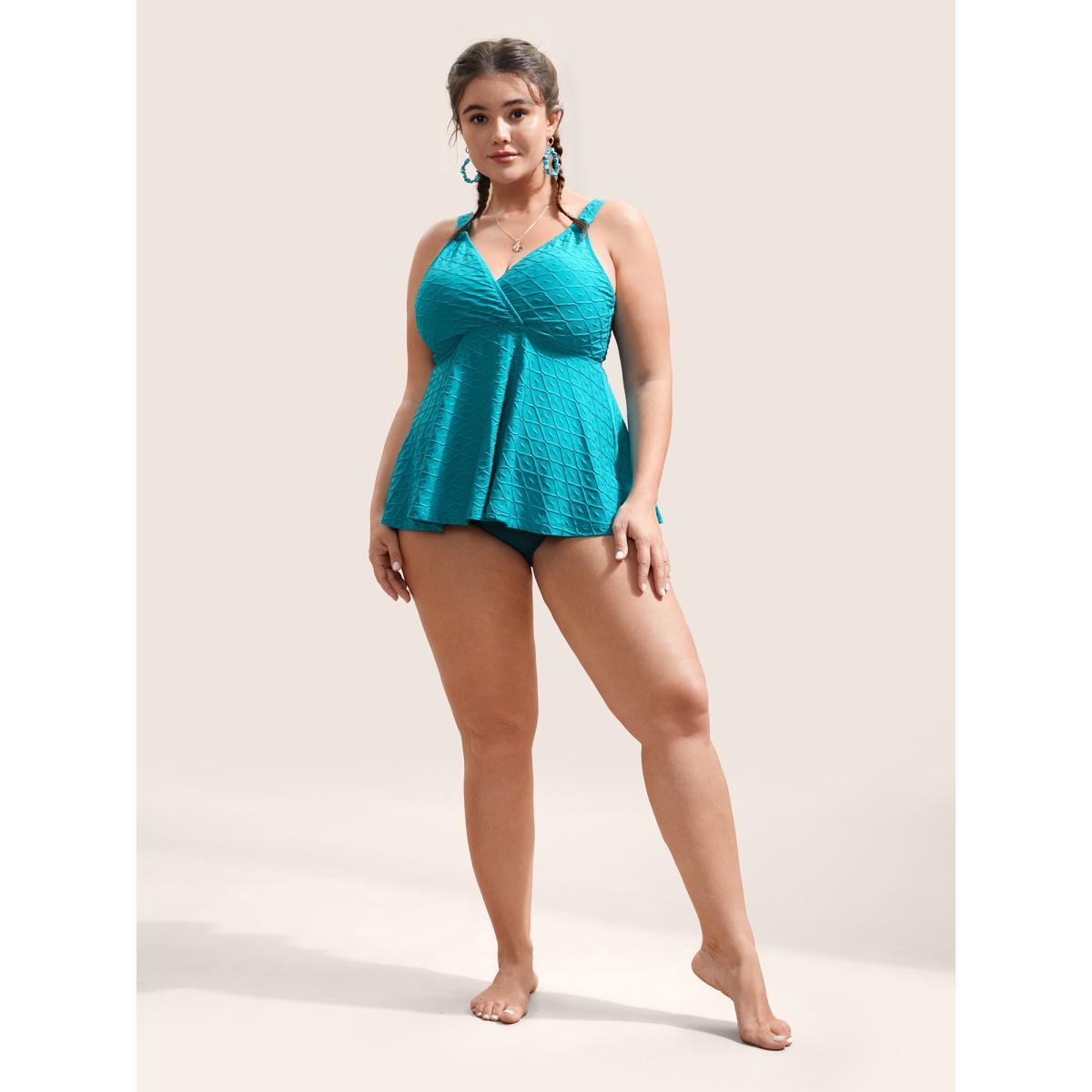 Plus Size Plain Textured Wrap Gathered Swim Top Women's Swimwear Mint Beach Non High stretch Bodycon Deep V-neck Curve Swim Tops BloomChic 28/5X Product Image