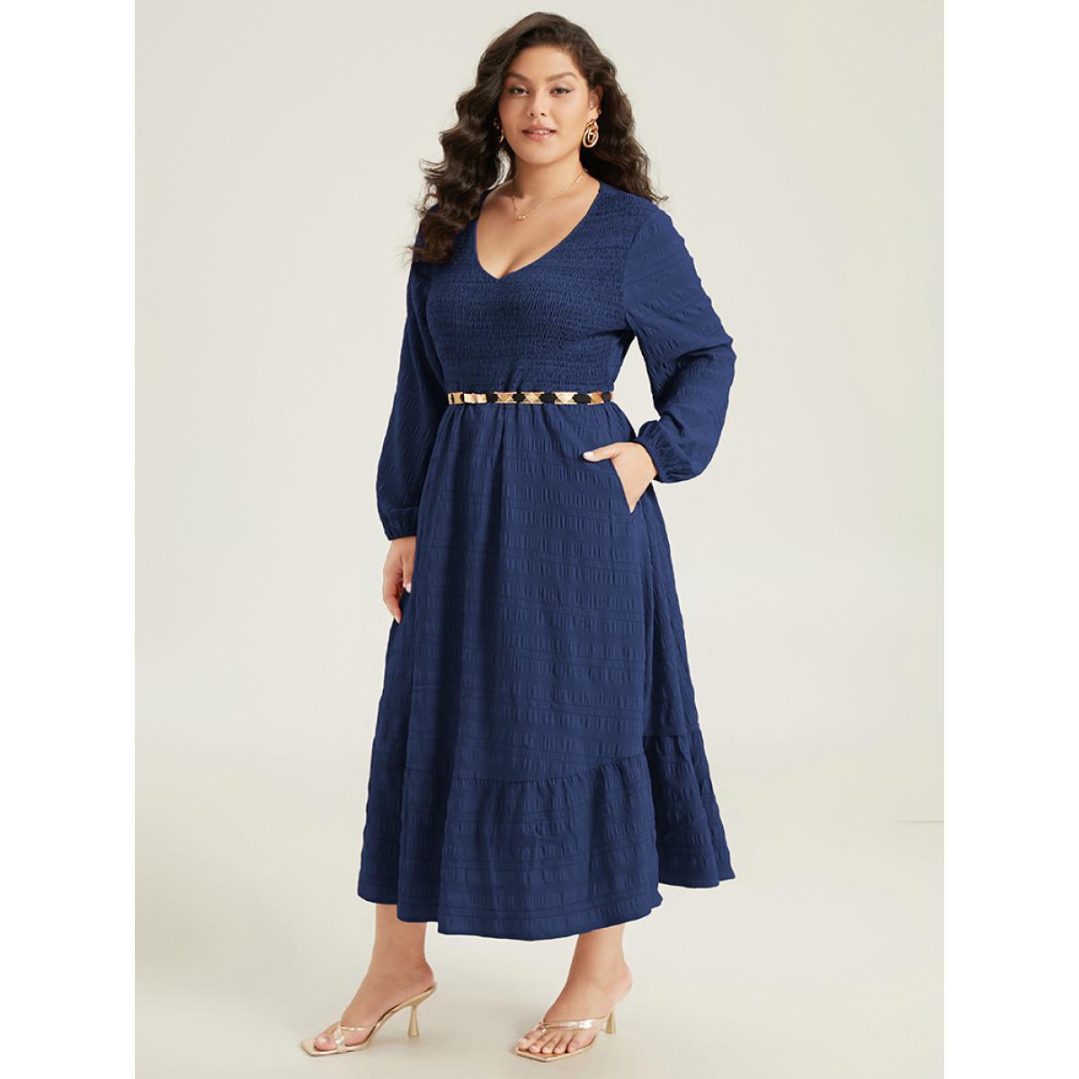 Plus Size Solid Shirred Plisse Flutter Hem Dress DarkBlue Women Elegant Elastic cuffs V-neck Long Sleeve Curvy Midi Dress BloomChic 30/6X Product Image
