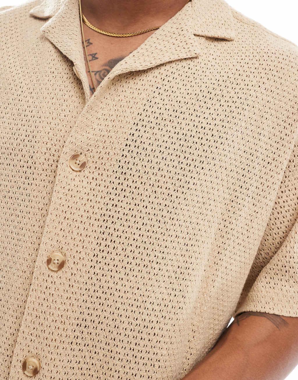ASOS DESIGN relaxed revere texture shirt in brown Product Image