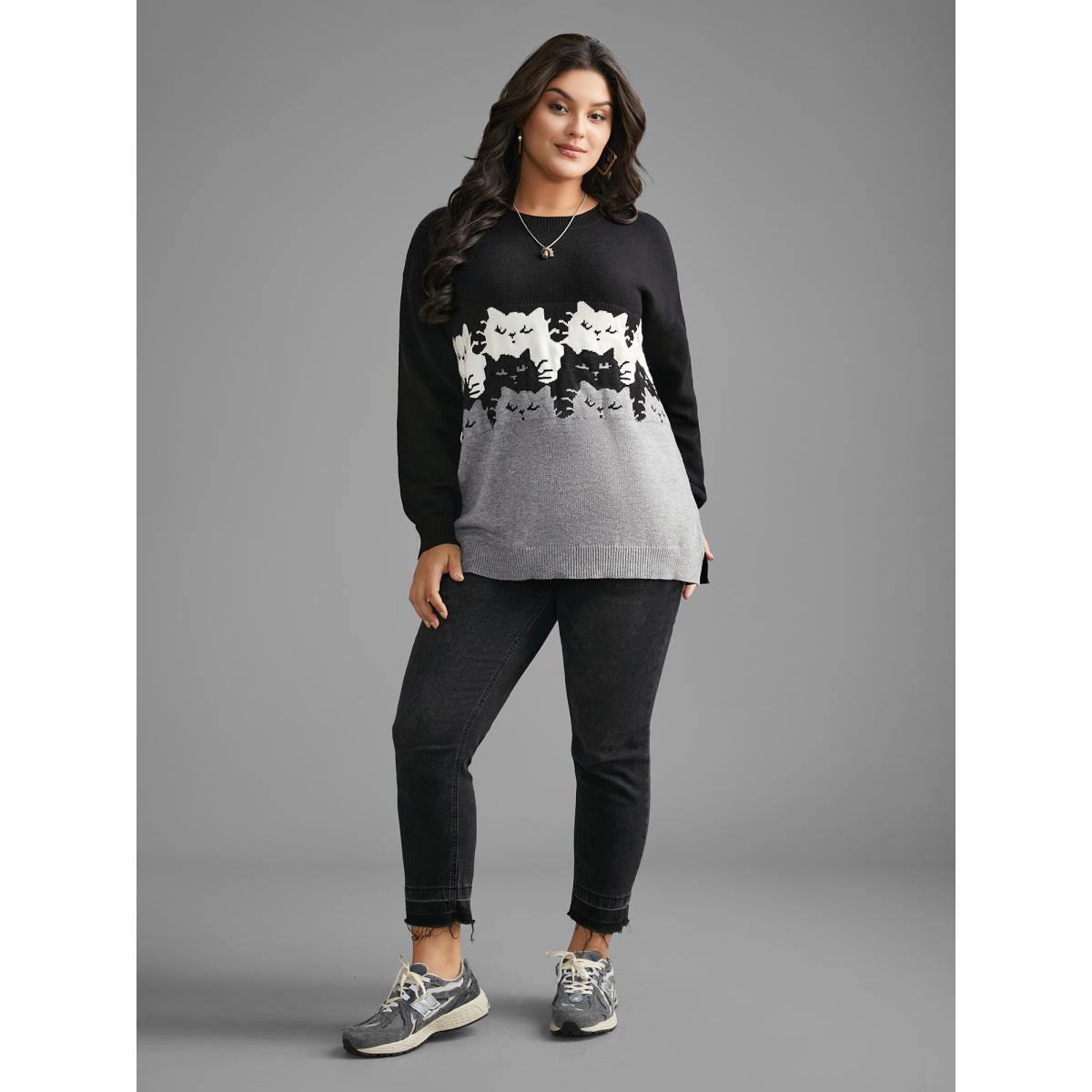 Plus Size Cat Contrast Drop Shoulder Pullover Black Women Casual Loose Long Sleeve Round Neck Everyday Pullovers BloomChic 10/M Product Image