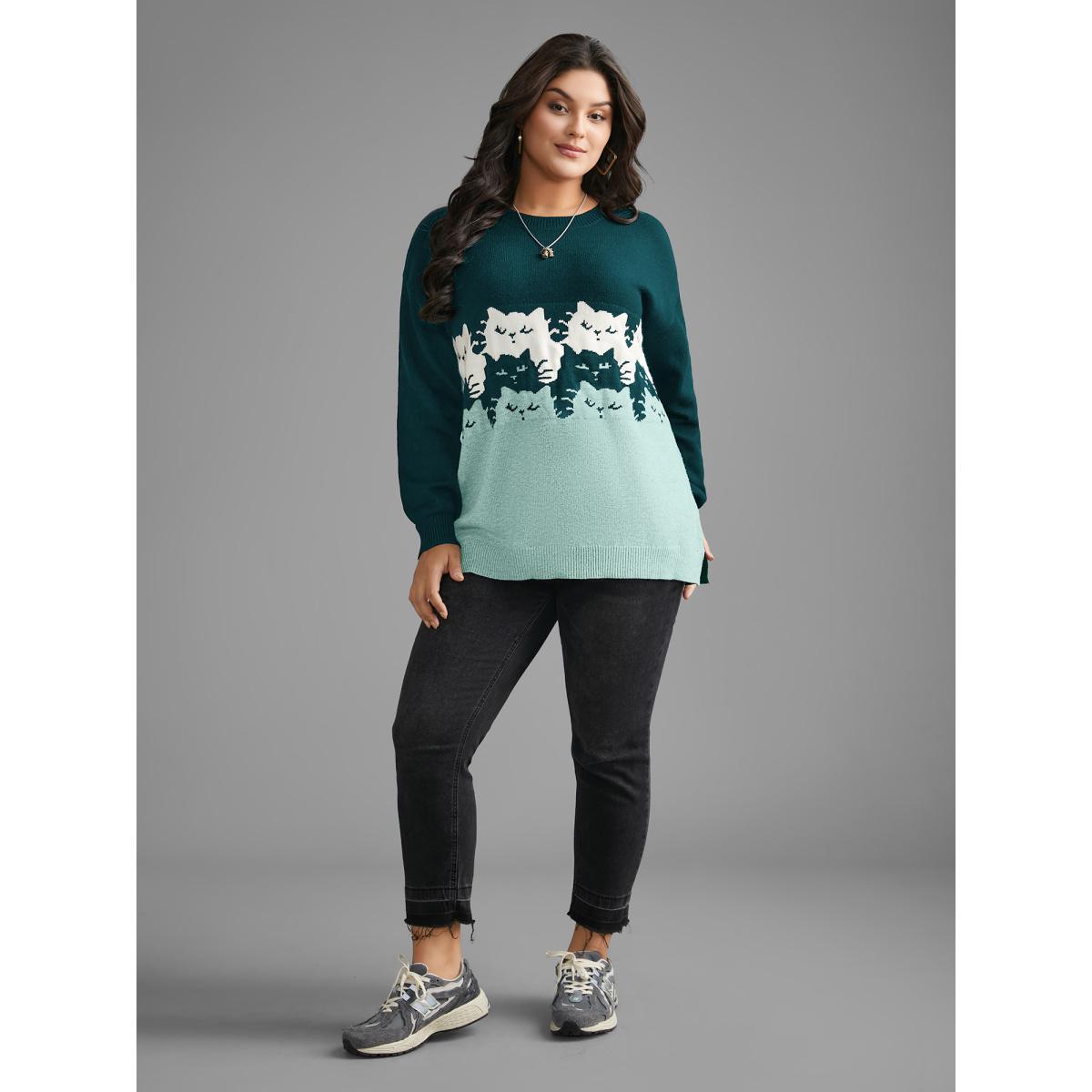 Plus Size Cat Contrast Drop Shoulder Pullover Cyan Women Casual Loose Long Sleeve Round Neck Everyday Pullovers BloomChic 12/L Product Image