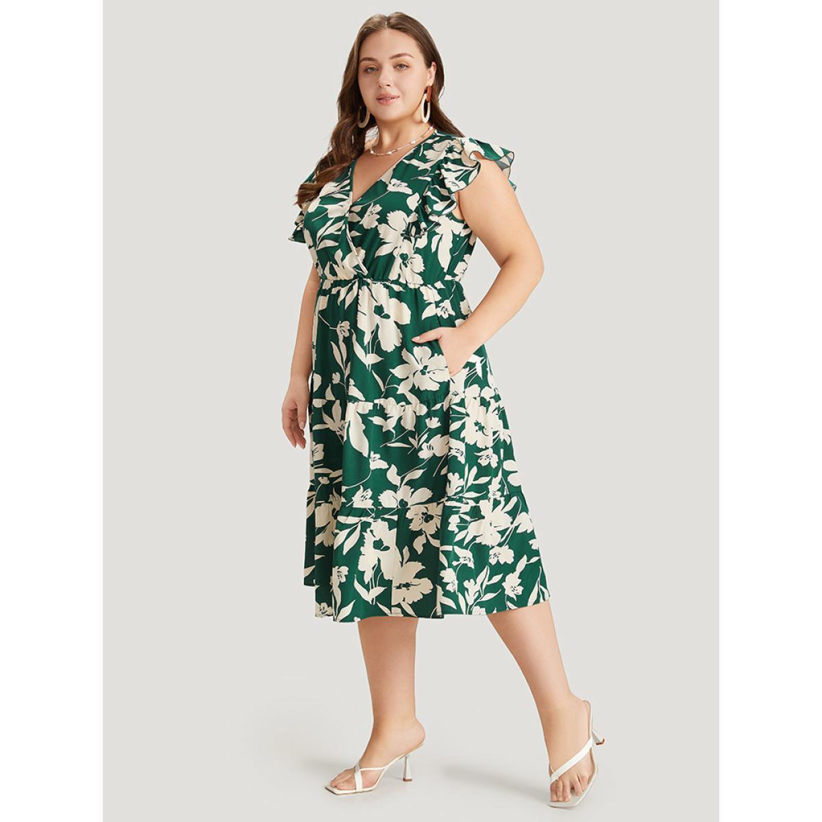 Plus Size Floral Ruffles Cap Sleeve Pocket Button Wrap Dress Green Women Elegant Gathered V-neck Sleeveless Curvy Midi Dress BloomChic 26/4X Product Image