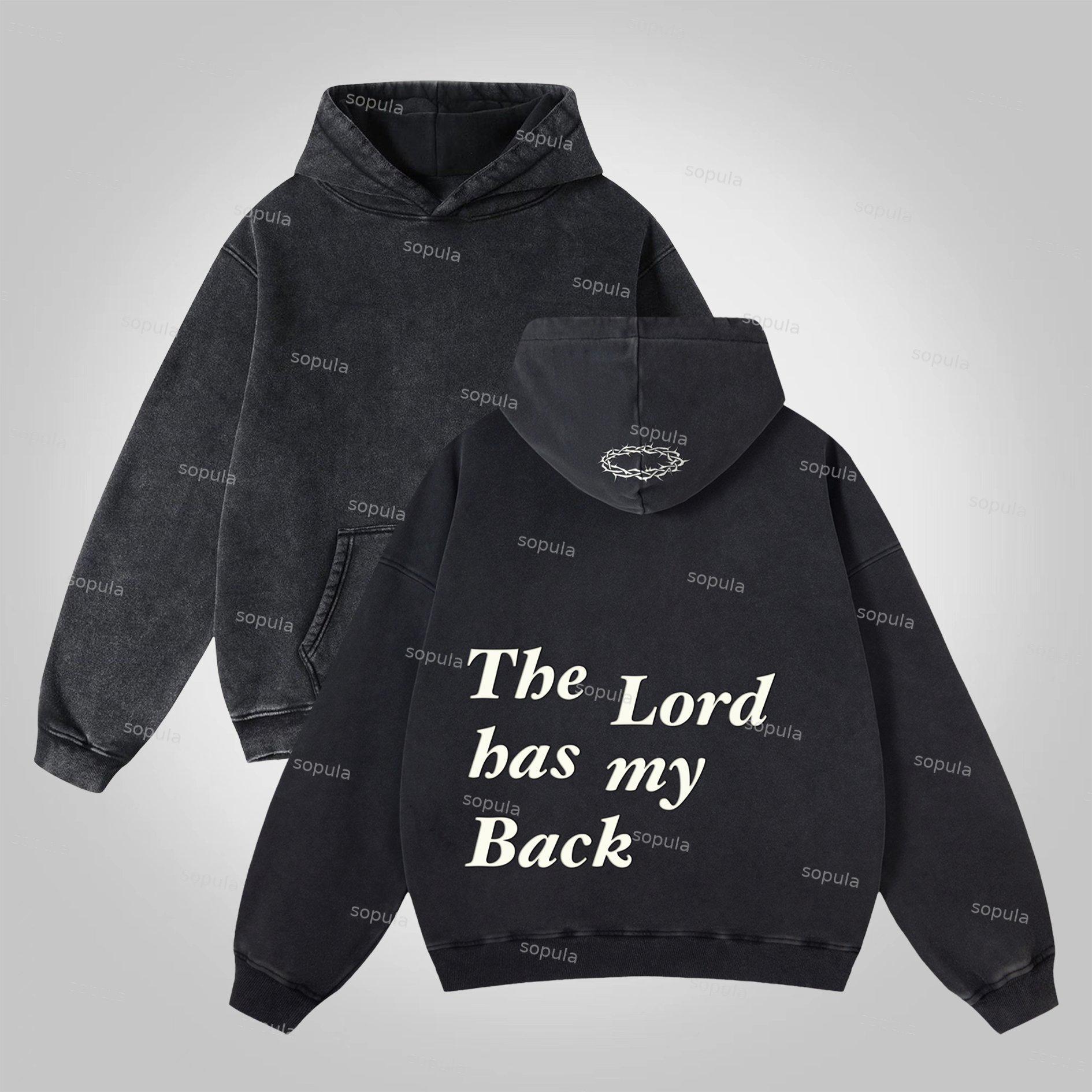 Sopula The Lord Has My Back Slogan Graphic Washed Distressed Pocket Hoodie Product Image