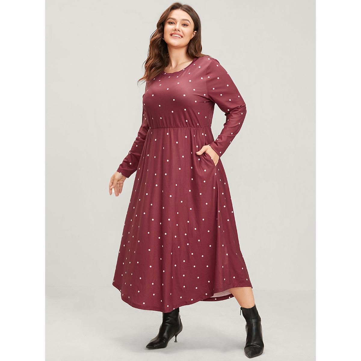Plus Size Polka Dot Pocket Round Neck Midi Dress DustyPink Women Elegant Pocket Round Neck Long Sleeve Curvy Midi Dress BloomChic 30/6X Product Image