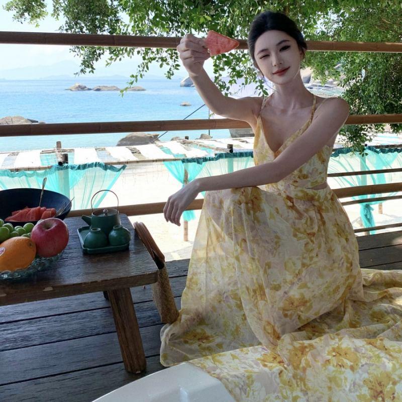 Spaghetti Strap V-Neck Floral Print Maxi A-Line Dress Product Image
