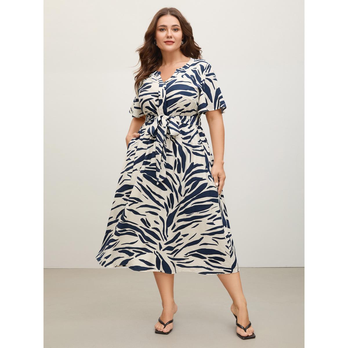Plus Size Abstract Print Belted Pockets Midi Dress Ivory Women Belted Notched collar Short sleeve Curvy BloomChic 30/6X Product Image