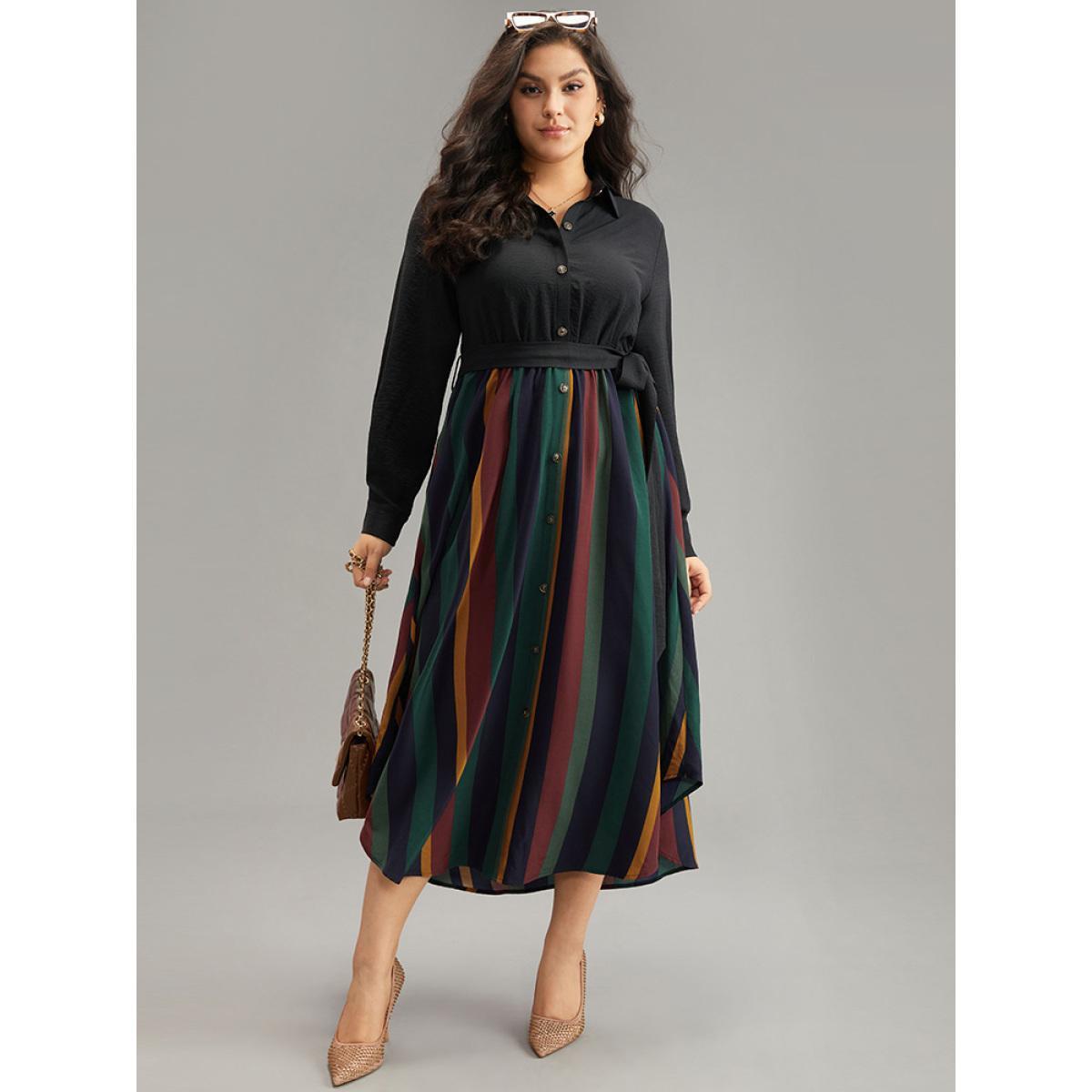 Plus Size Colour Striped Patchwork Belted Button Through Dress Indigo Women Office Belted Shirt collar Long Sleeve Curvy Midi Dress BloomChic 30/6X Product Image