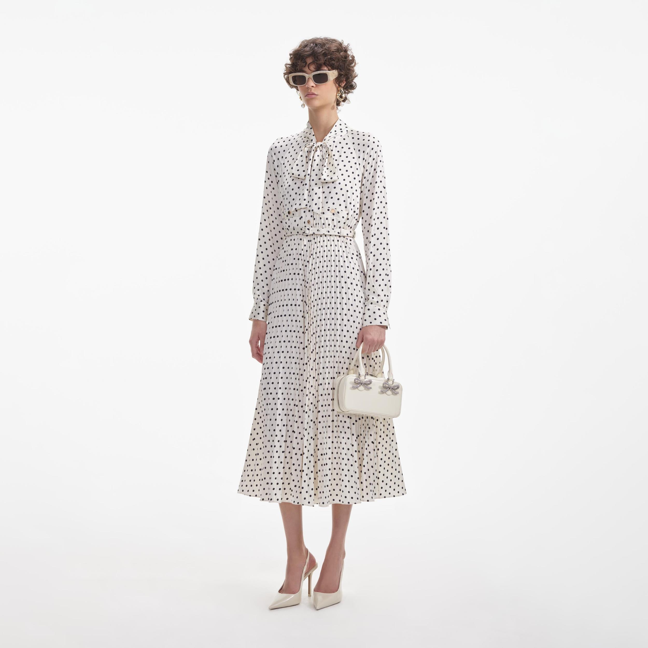 Cream Polka Dot Satin Midi Dress Product Image