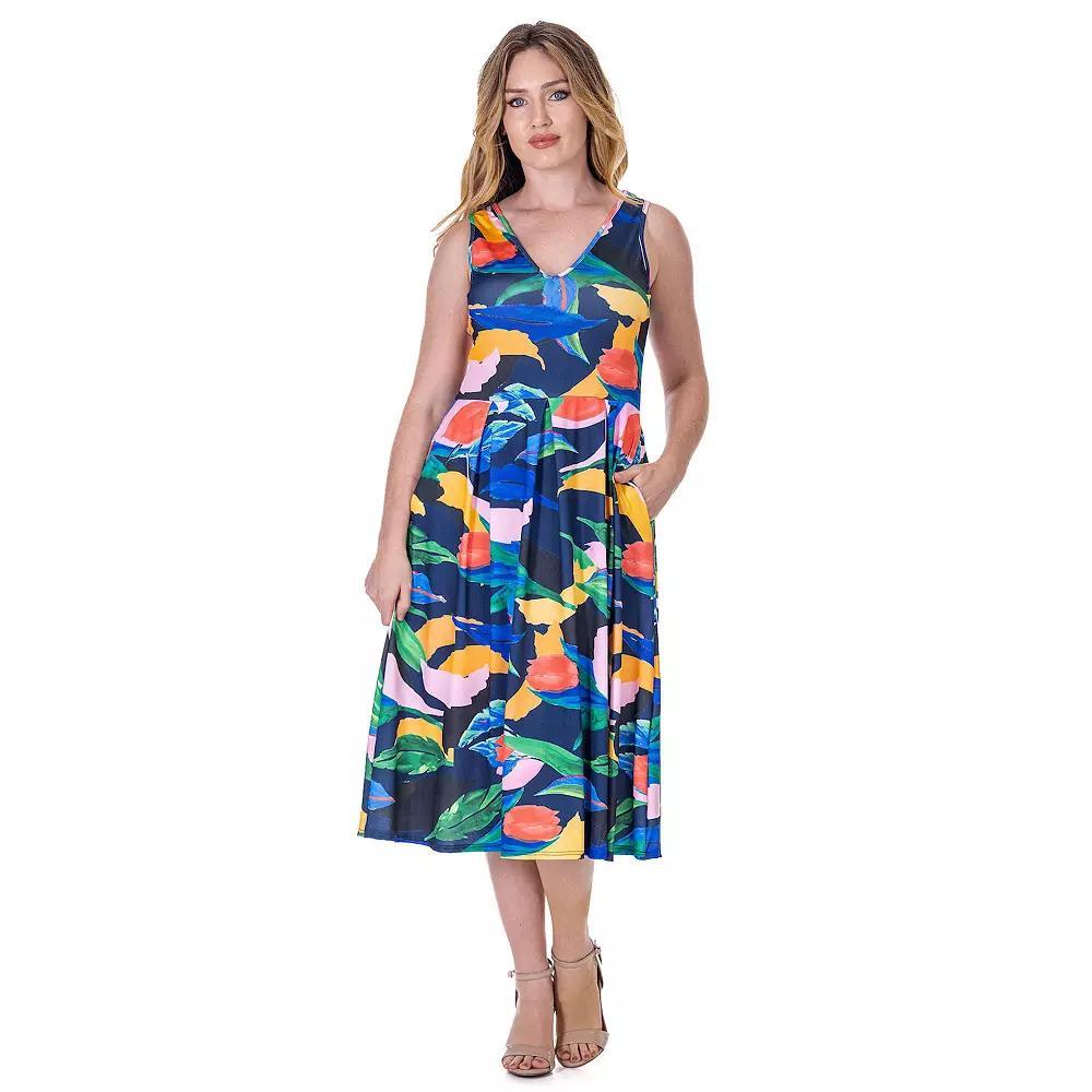 Women's 24Seven Comfort Apparel Midi Length Geo Print Sleeveless Pleated Pocket Dress, Size: XL, Blue Team Product Image
