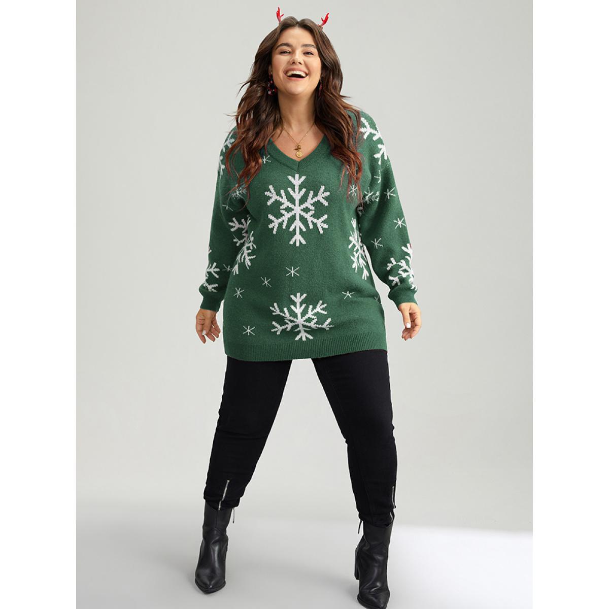 Plus Size Anti-Pilling Snowflake Print Pullover Green Women Casual Loose Long Sleeve V-neck Dailywear Pullovers BloomChic 10/M Product Image